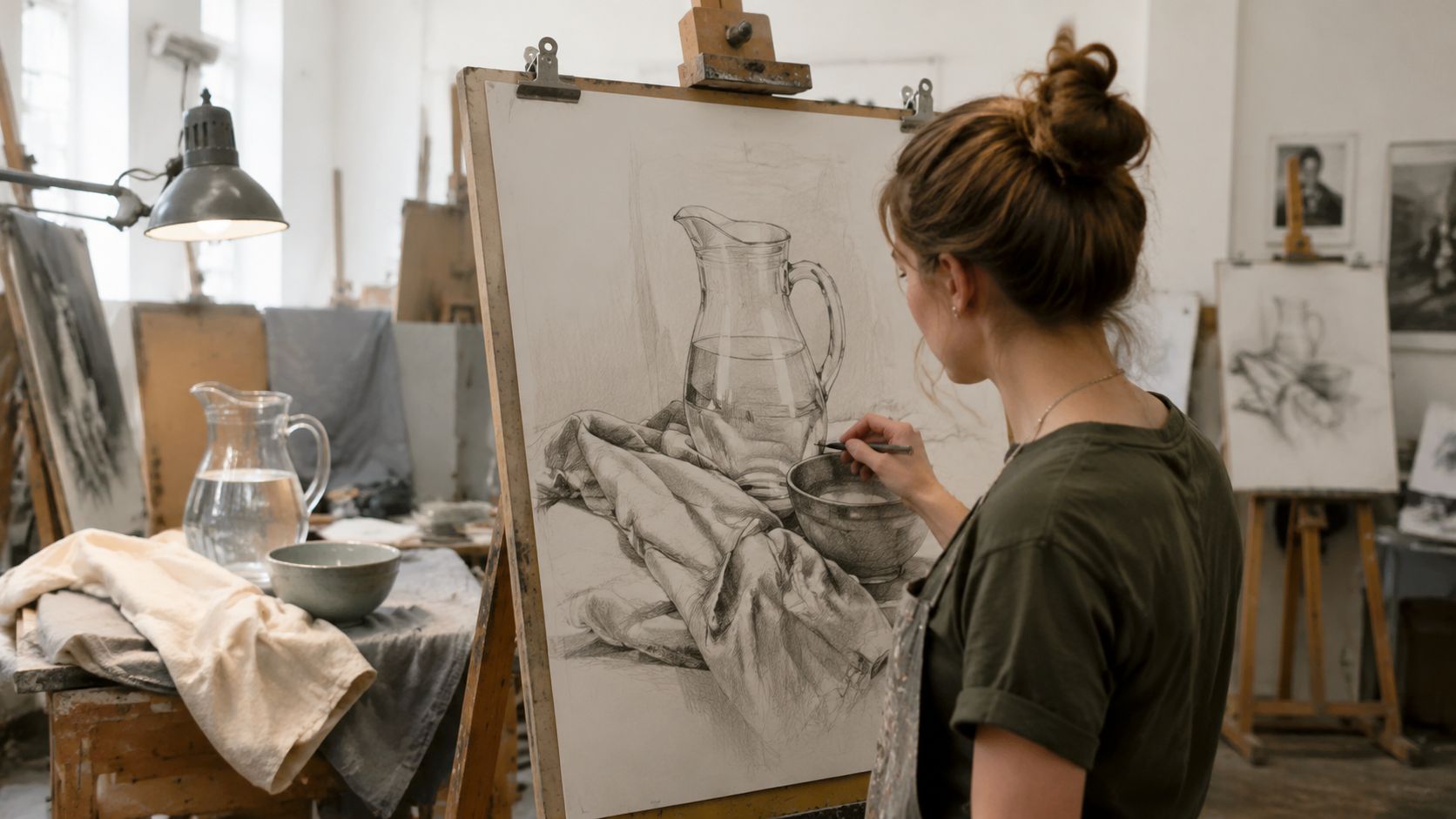 An artist carefully drawing a still life featuring a glass pitcher and a bowl on paper.