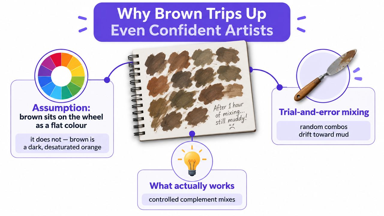 An infographic explaining that brown is a dark, desaturated orange, rather than a flat color on the wheel.