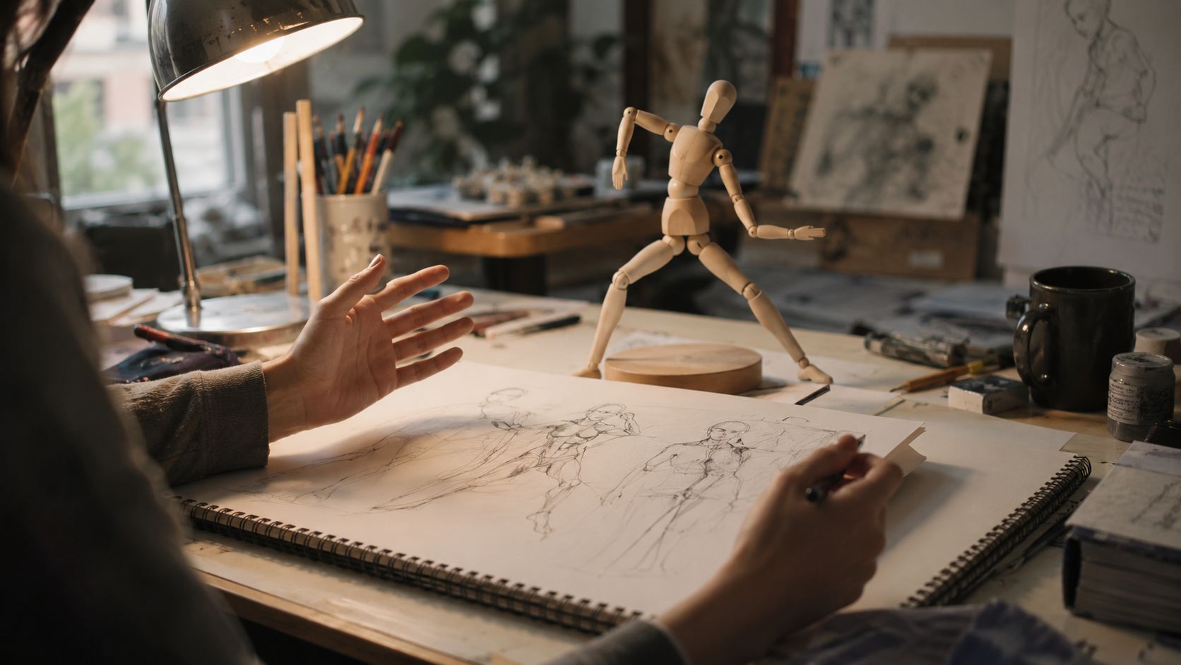 An artist sketching human figures in a notebook while using a wooden mannequin doll for drawing reference.