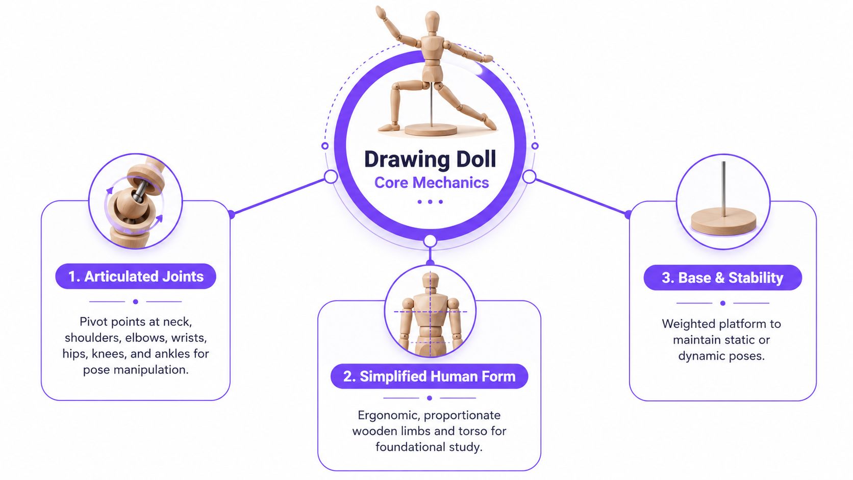 An infographic detailing the core mechanics of a wooden drawing doll including articulation, form, and stability.