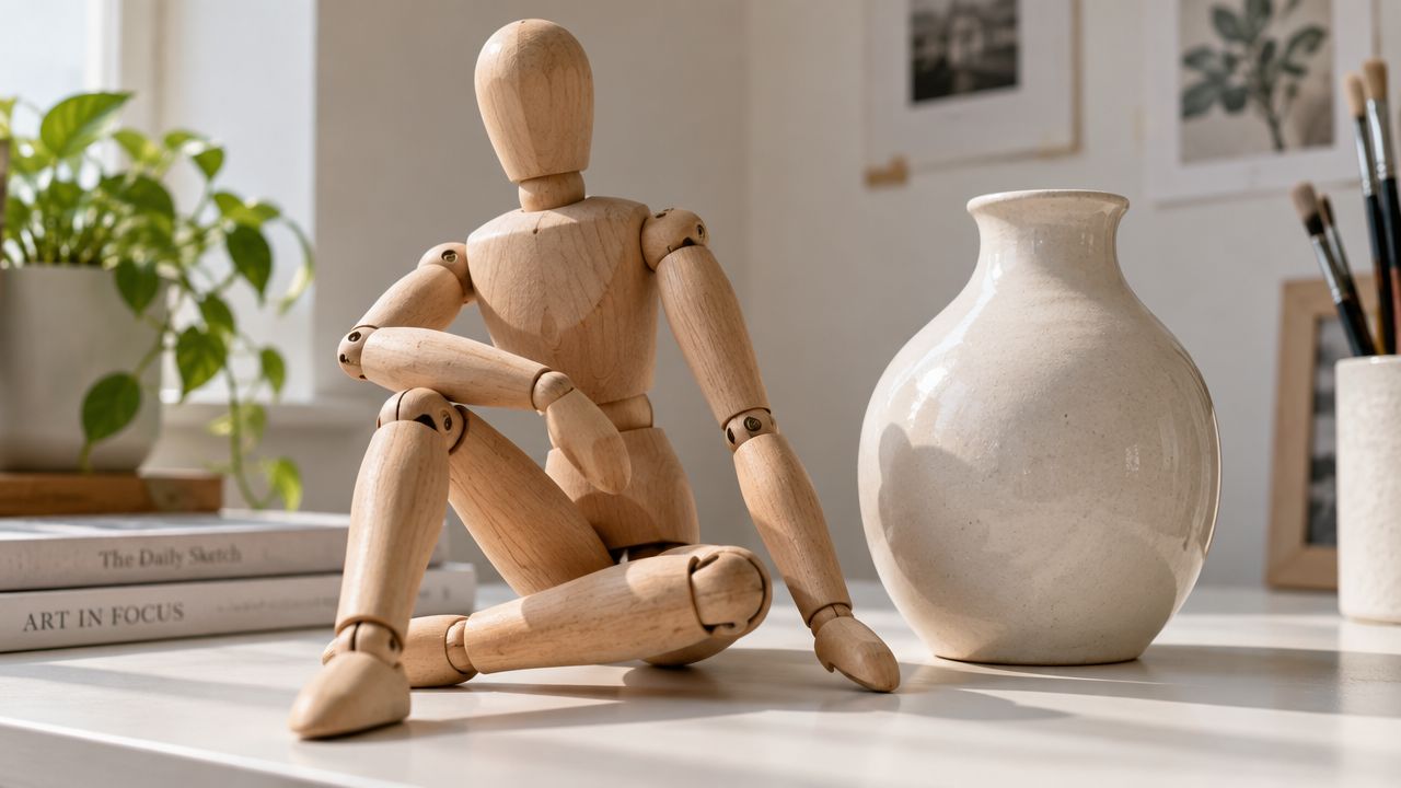 A wooden art mannequin sitting on a desk next to a ceramic vase and art books.