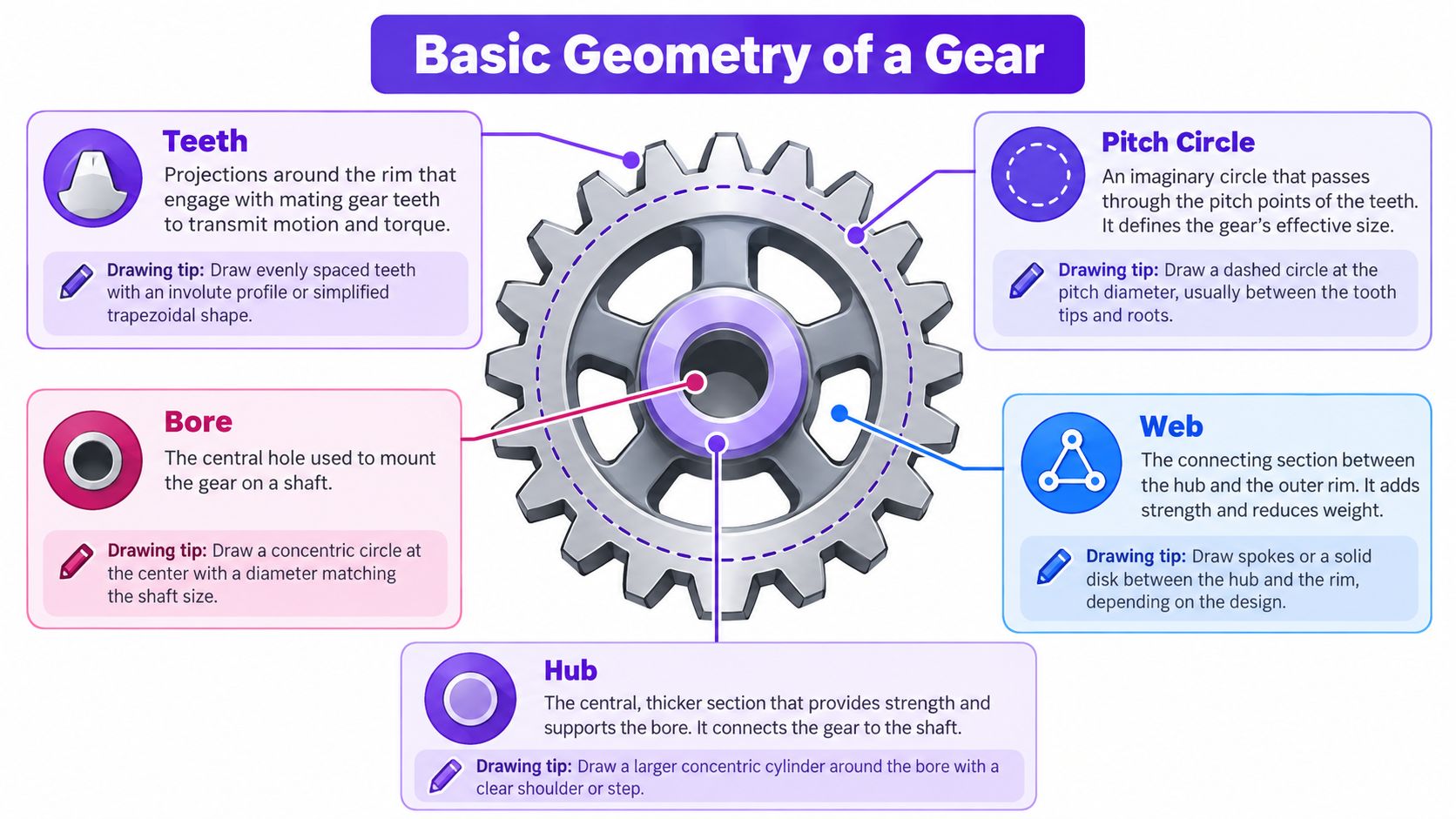 An infographic illustrating the fundamental parts of a gear, including teeth, bore, hub, web, and pitch circle.