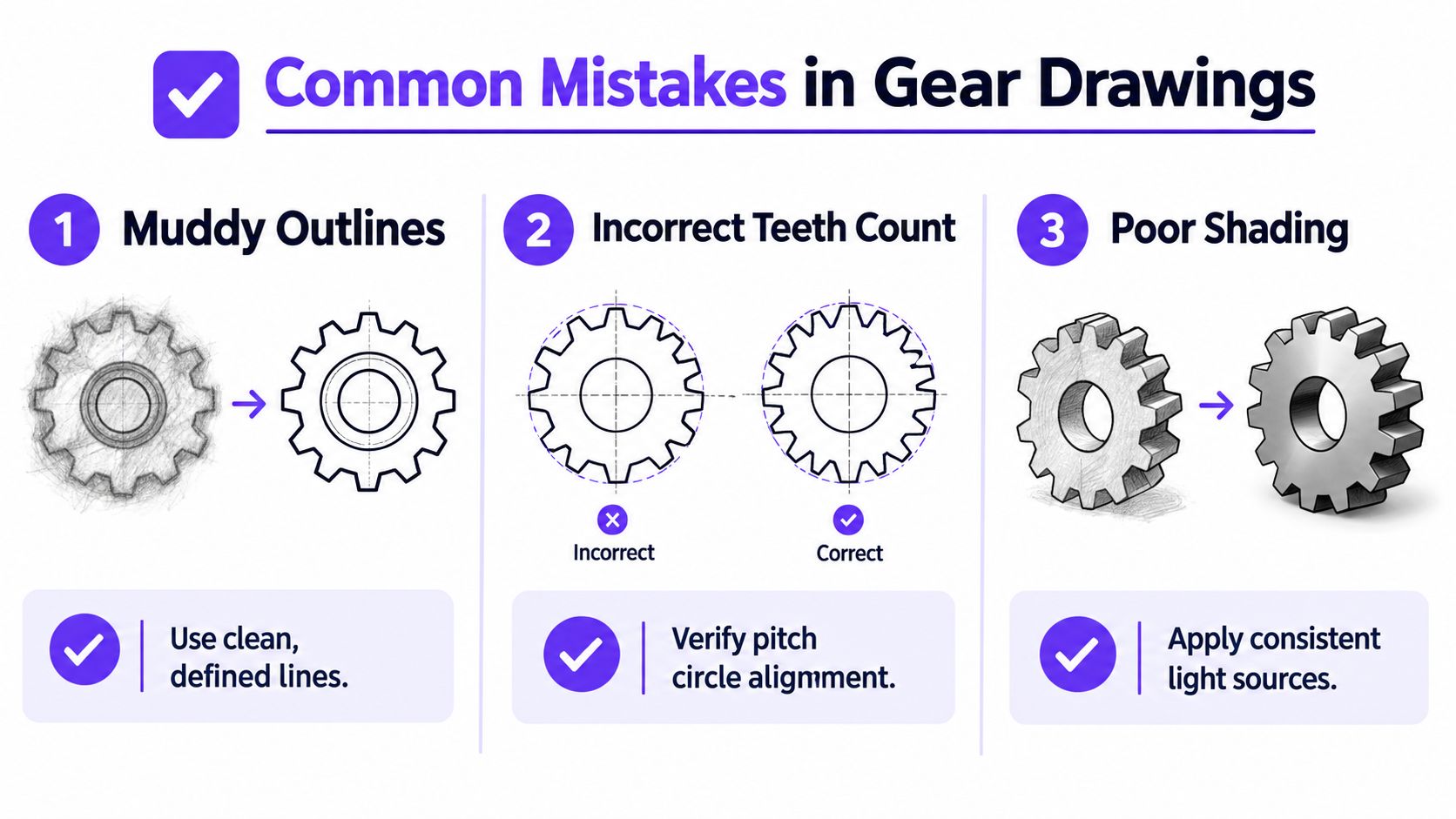 An infographic showing three common mistakes to avoid when illustrating gears for better technical drawing results.