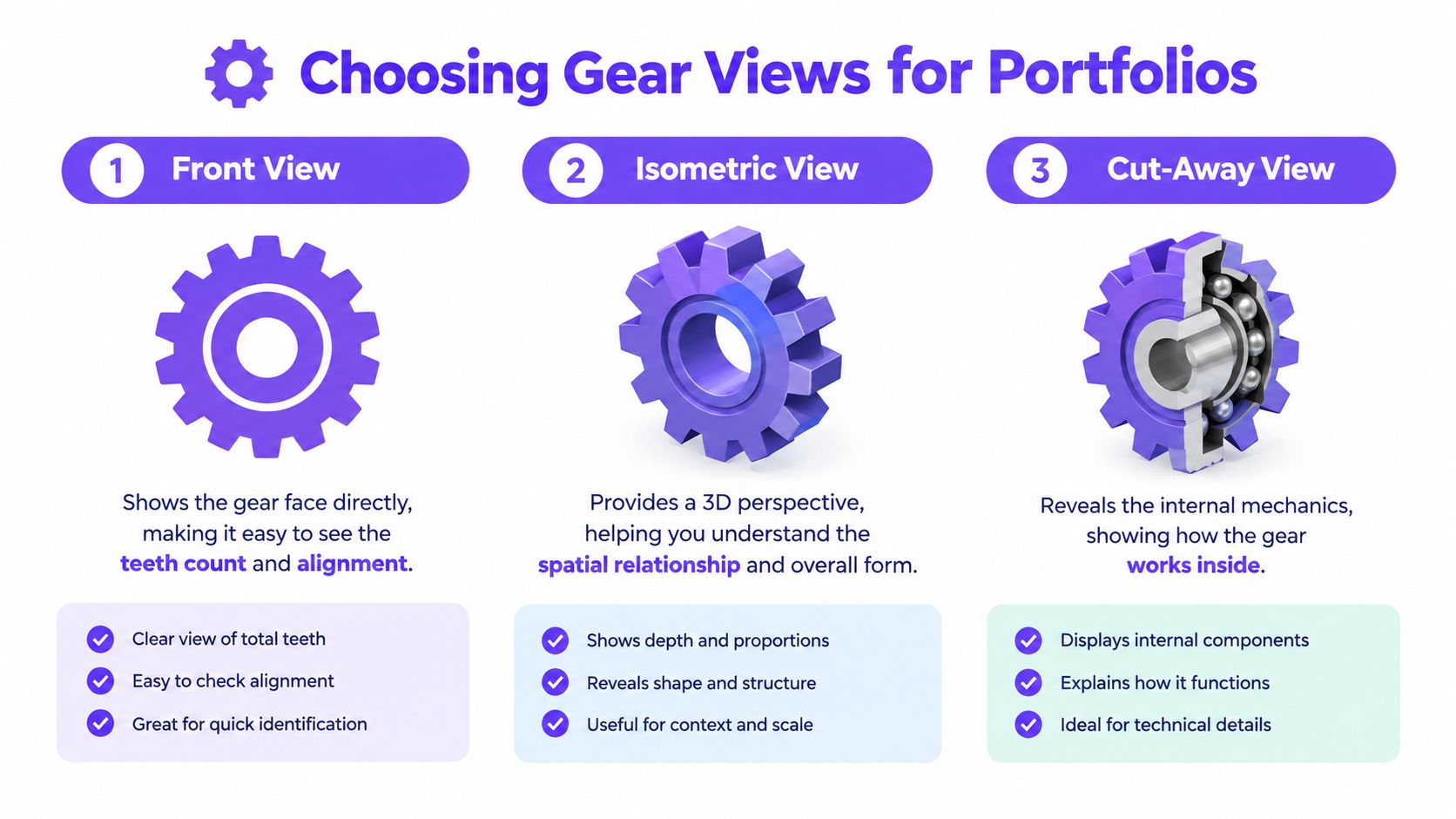 A guide explaining three different gear views for portfolios: Front View, Isometric View, and Cut-Away View.