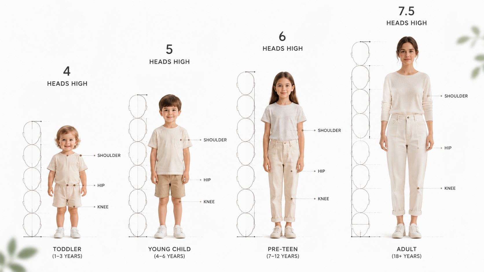 A chart illustrating human body proportions at different life stages, from toddler to adult, using head heights.