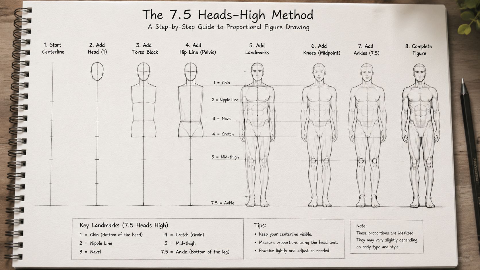 A detailed step-by-step drawing tutorial showing the 7.5 heads-high method for sketching proportional human figures on paper.