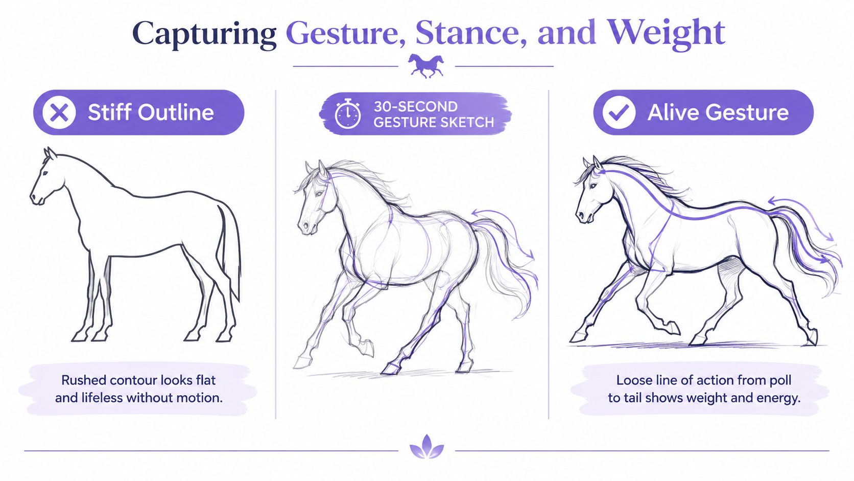 An educational guide comparing stiff horse outline drawings with dynamic, lively gesture sketches for artists.