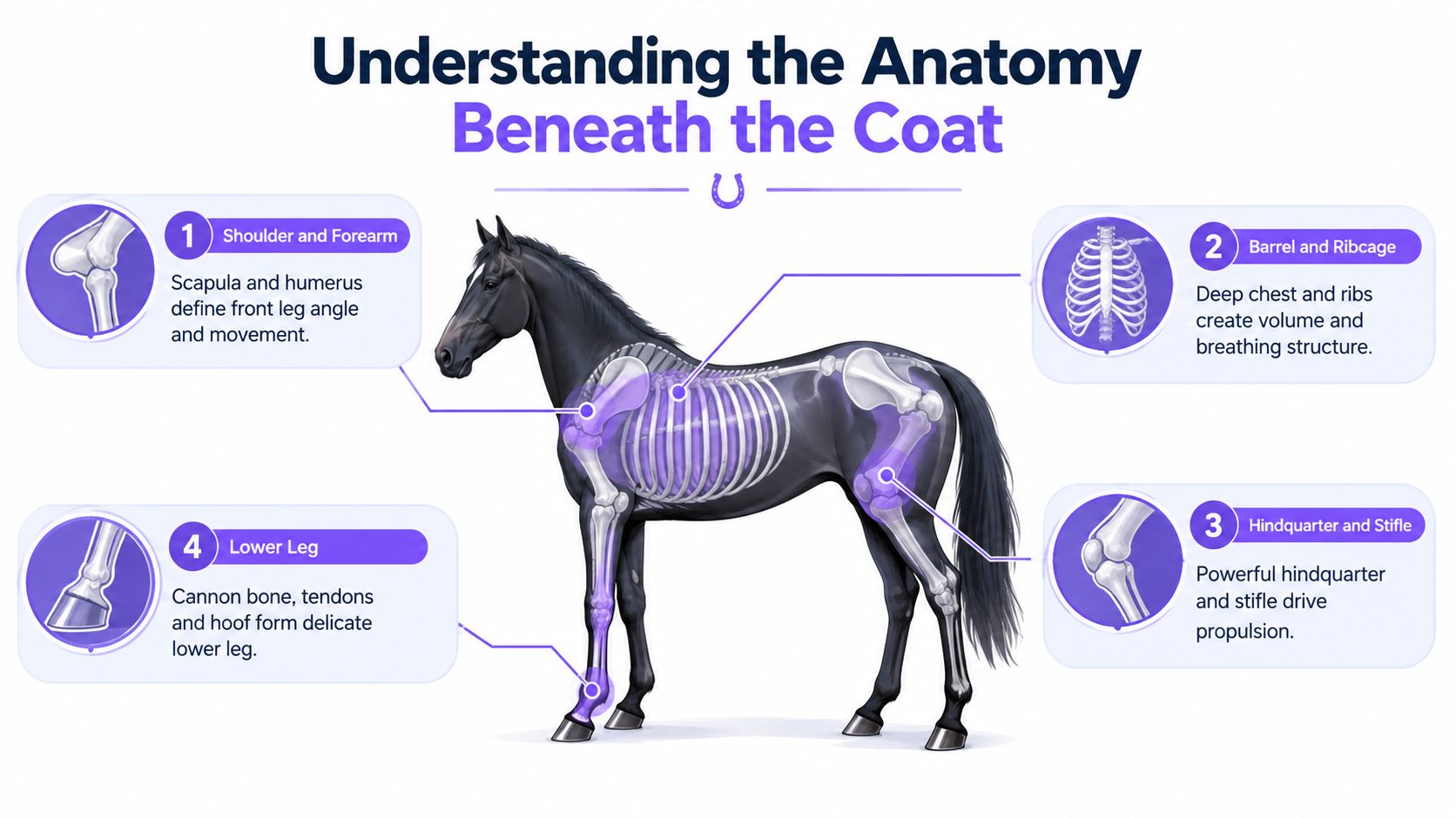 An educational diagram showing the internal skeleton anatomy of a horse with labeled body sections.