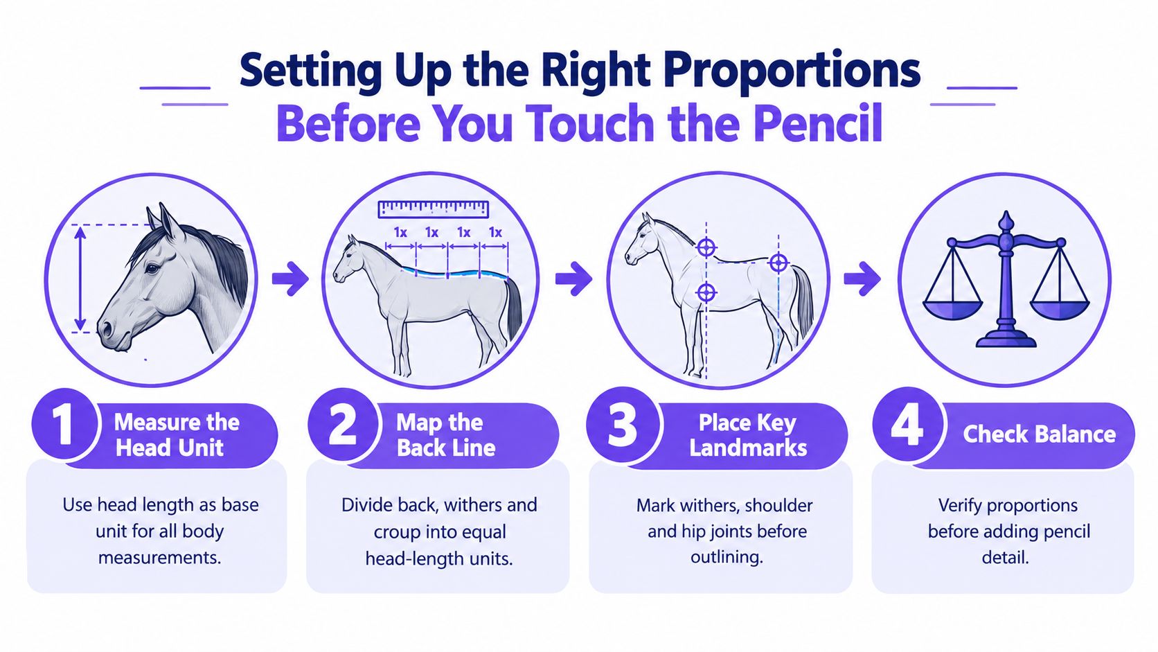 An infographic illustrating four steps to set up correct horse proportions before starting a realistic drawing.