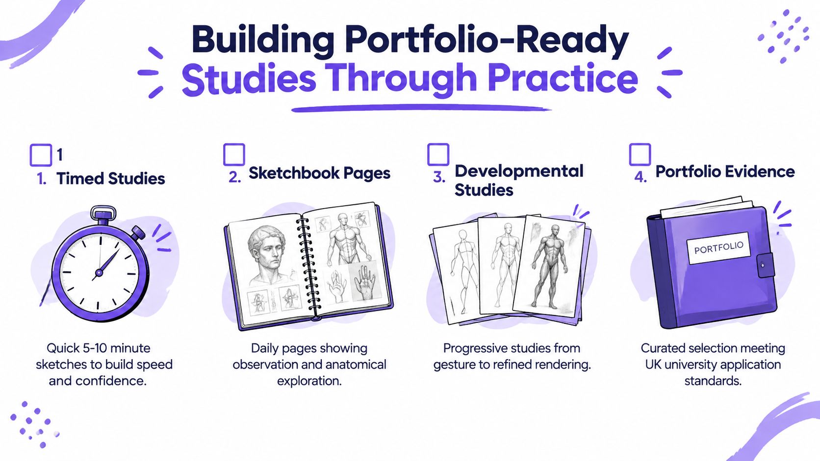 A guide for building a portfolio through timed studies, sketchbook pages, developmental studies, and professional portfolio evidence.