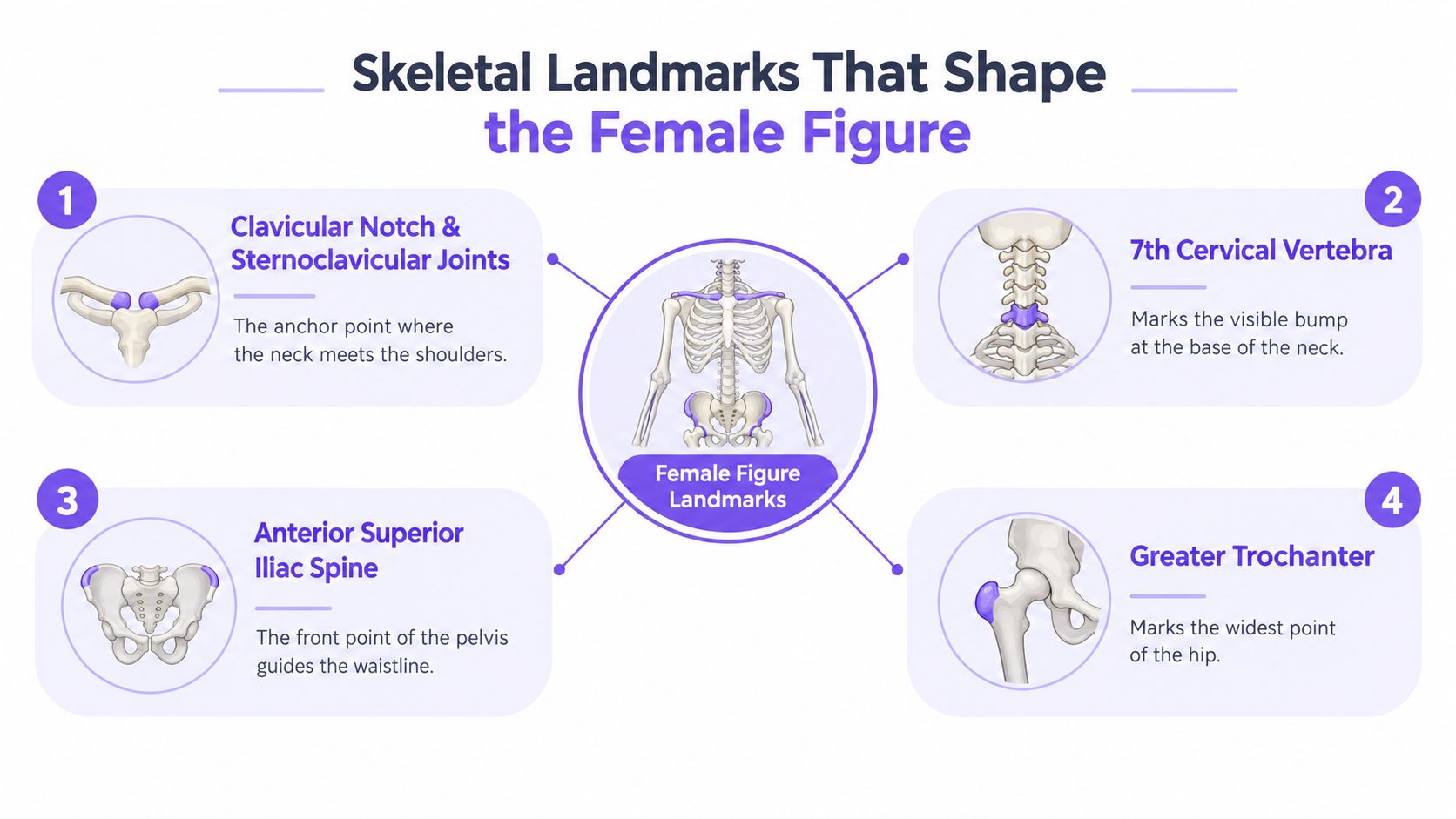 A diagram illustrating four key skeletal landmarks that define the structure and shape of the female figure.