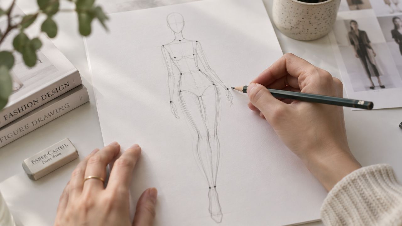 A close-up view of a designer drawing a fashion croquis sketch on paper with a pencil.