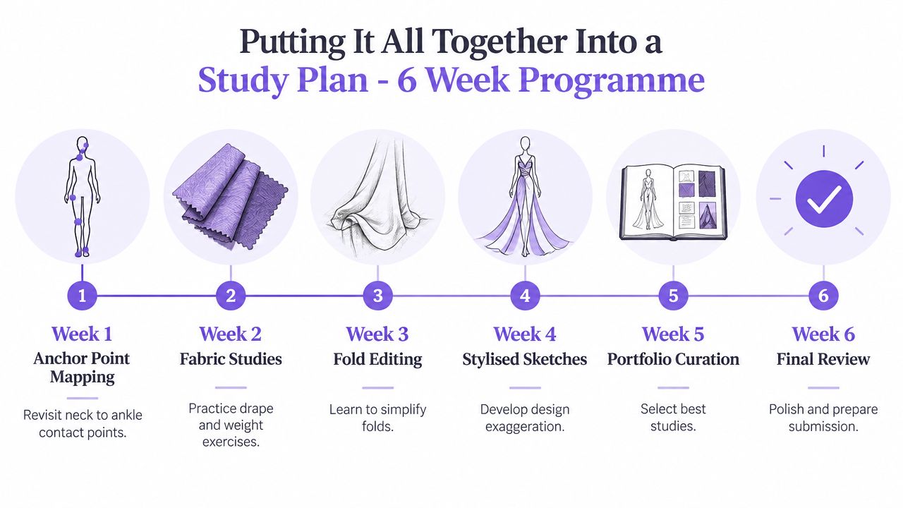A six week study plan infographic for learning to draw clothing with step by step instructions.