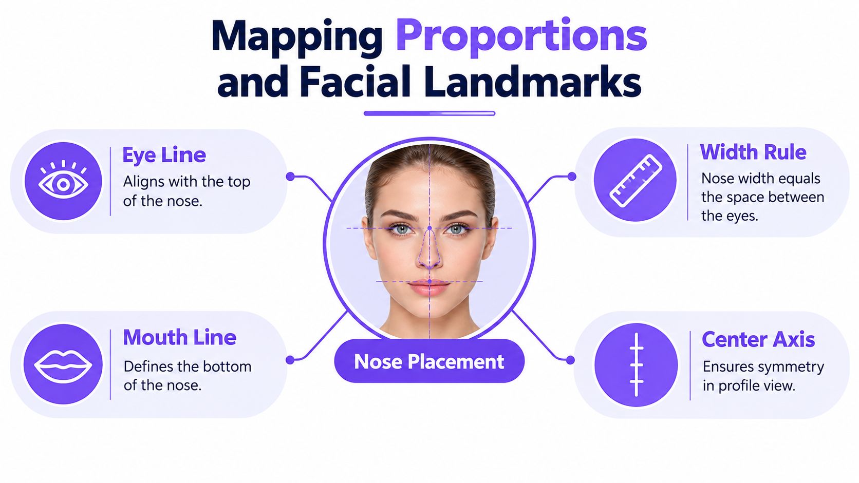 An educational infographic illustrating the facial proportions and key landmarks for drawing a human nose accurately.