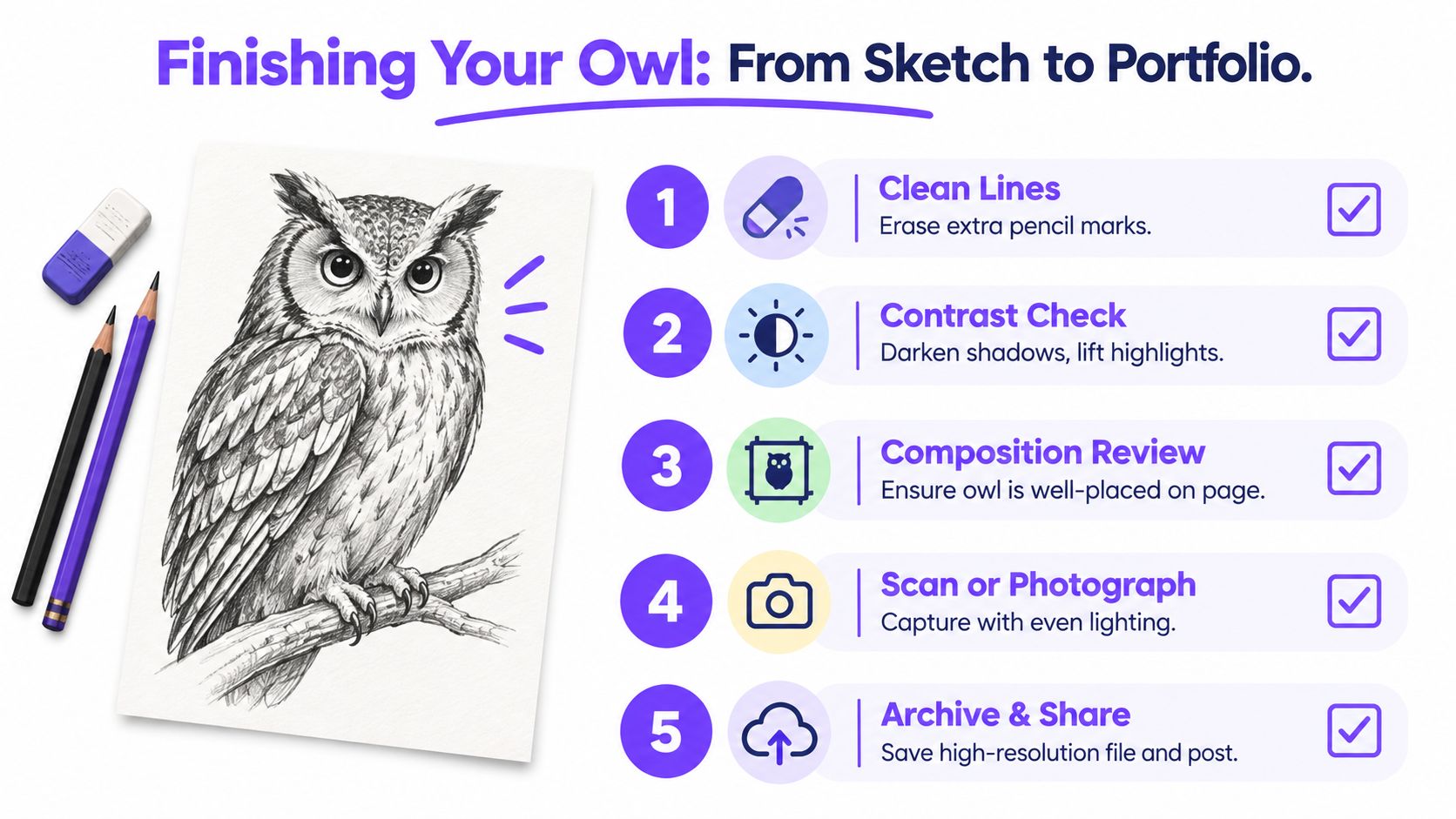 A checklist illustrating five essential steps for finishing an owl drawing, from cleaning lines to digital sharing.