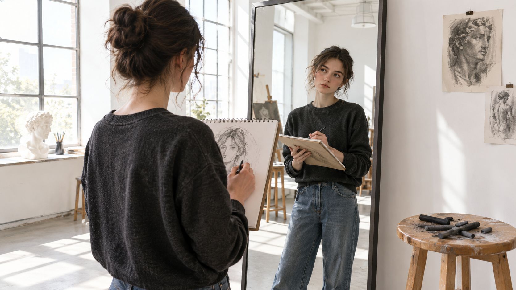 A young woman artist sketching her own reflection in a large mirror inside a bright, sunlit art studio.