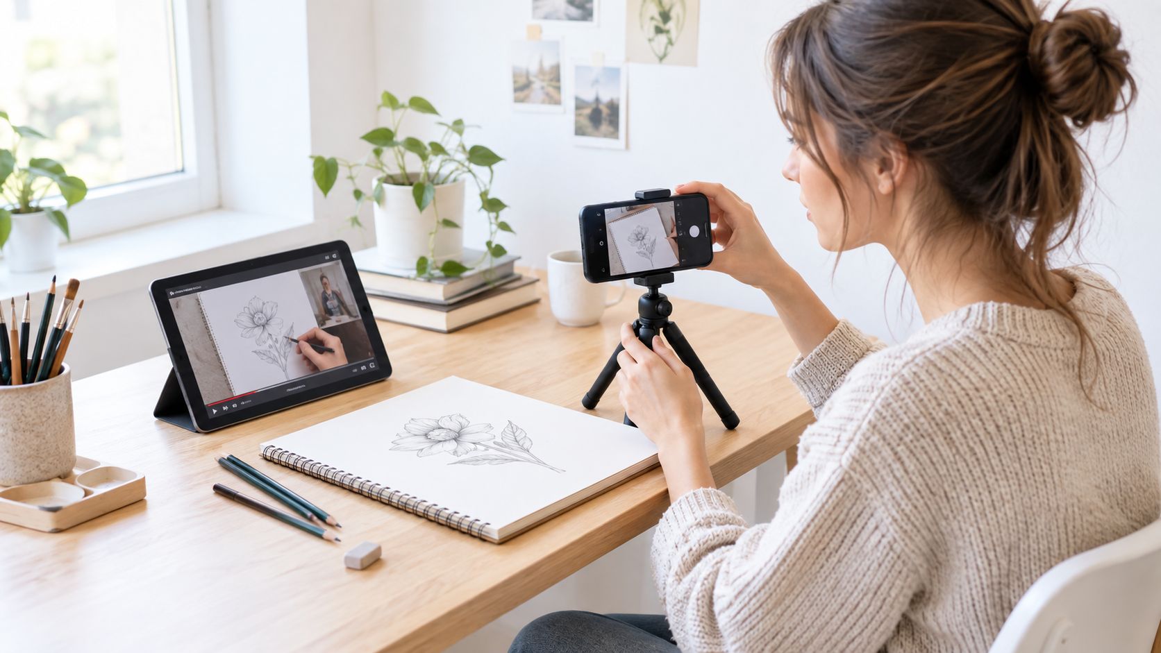 A woman sketching a flower in a notebook while filming herself with a phone on a tripod.