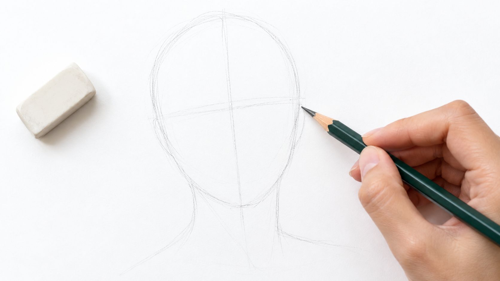 A hand using a pencil to sketch the basic proportions of a human head on white paper.