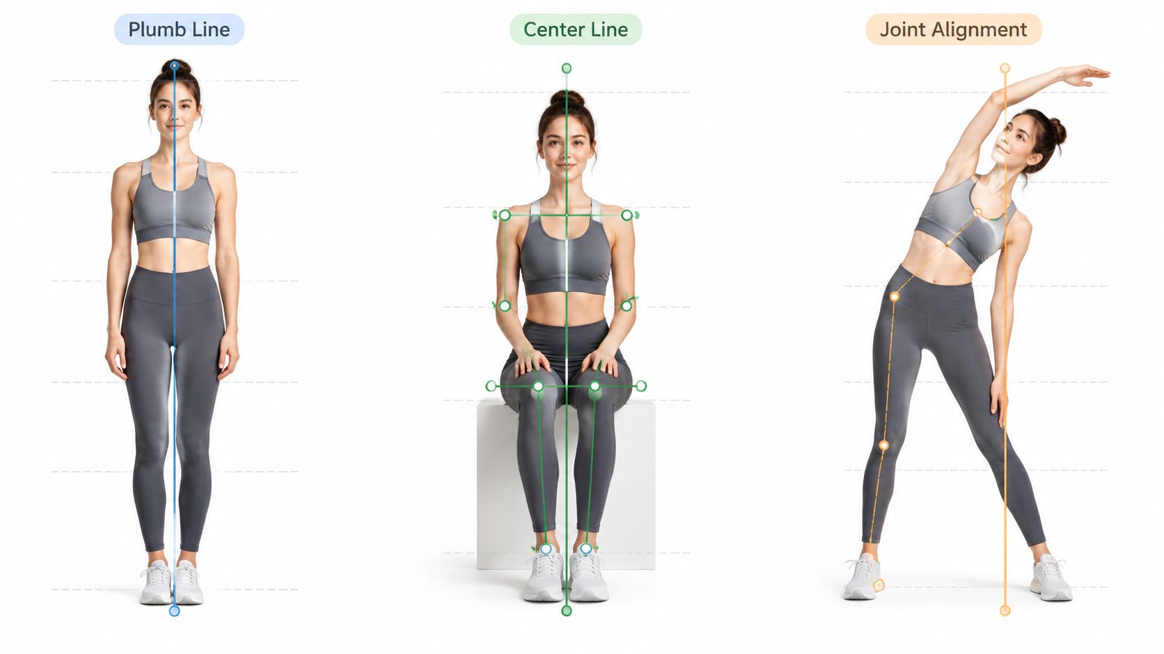 A woman demonstrating anatomical posture alignment through plumb lines, center lines, and joint alignment for health assessment.