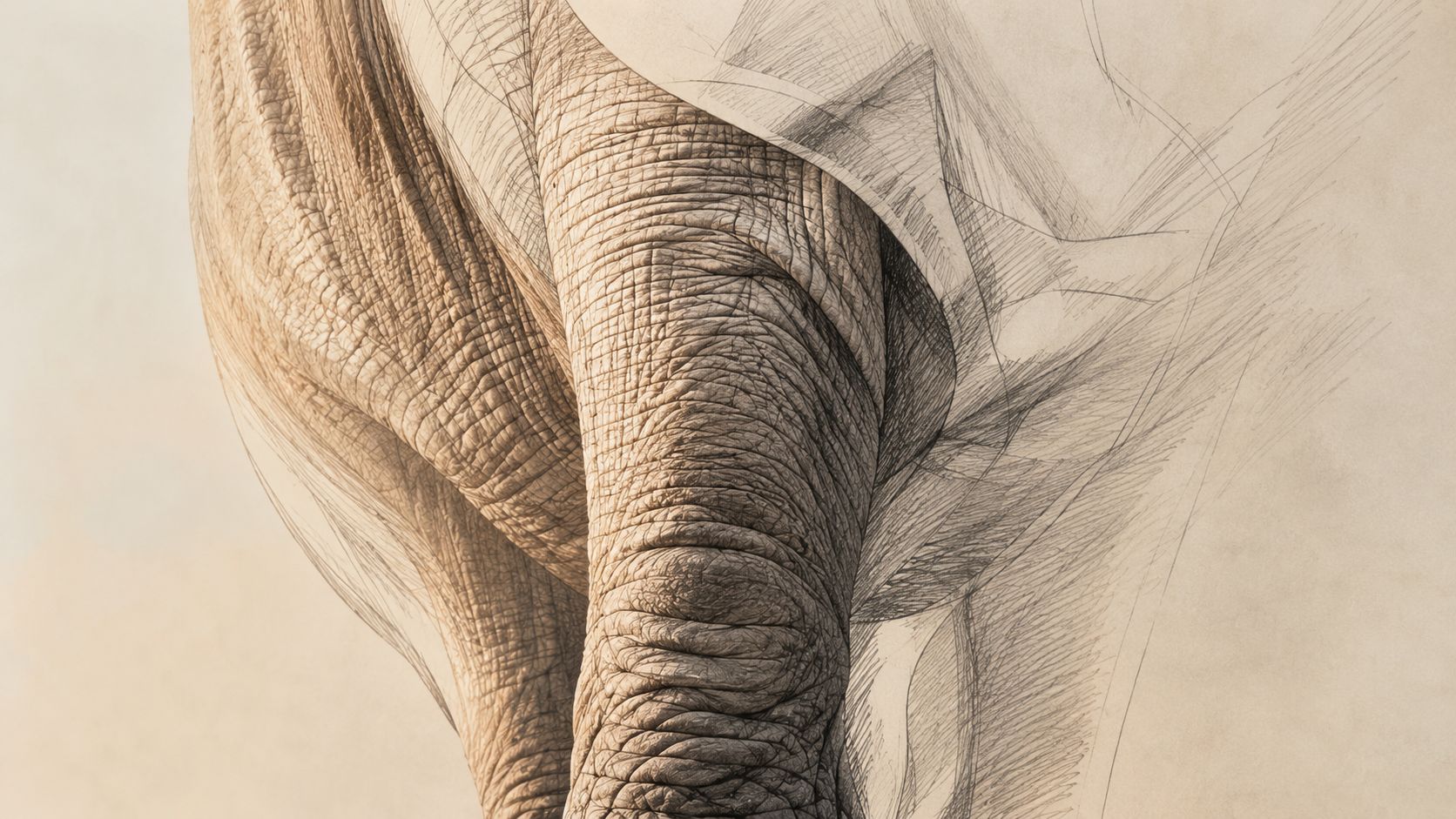 A detailed pencil and ink sketch of elephant skin texture transitioning into abstract lines and shading.