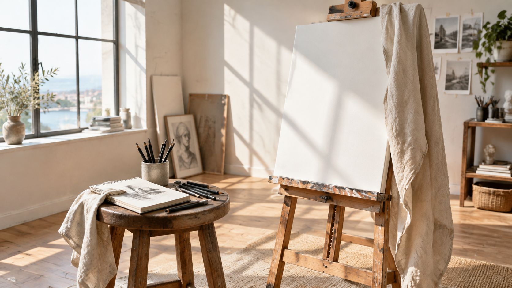 A sunlit artist studio featuring a blank canvas on an easel, a stool with sketches, and drawing tools.