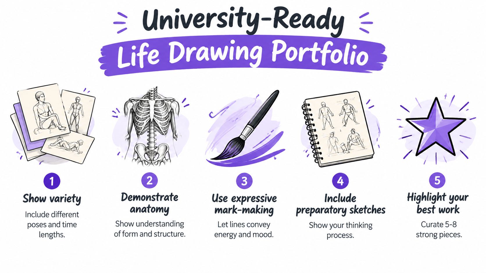 An infographic titled University-Ready Life Drawing Portfolio with five numbered steps for art students to follow.