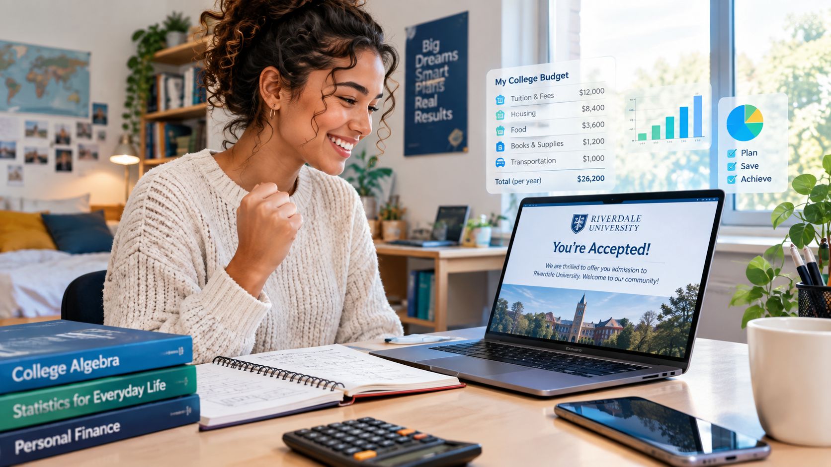 A happy female student celebrating her college acceptance while reviewing her financial budget plan on a laptop.