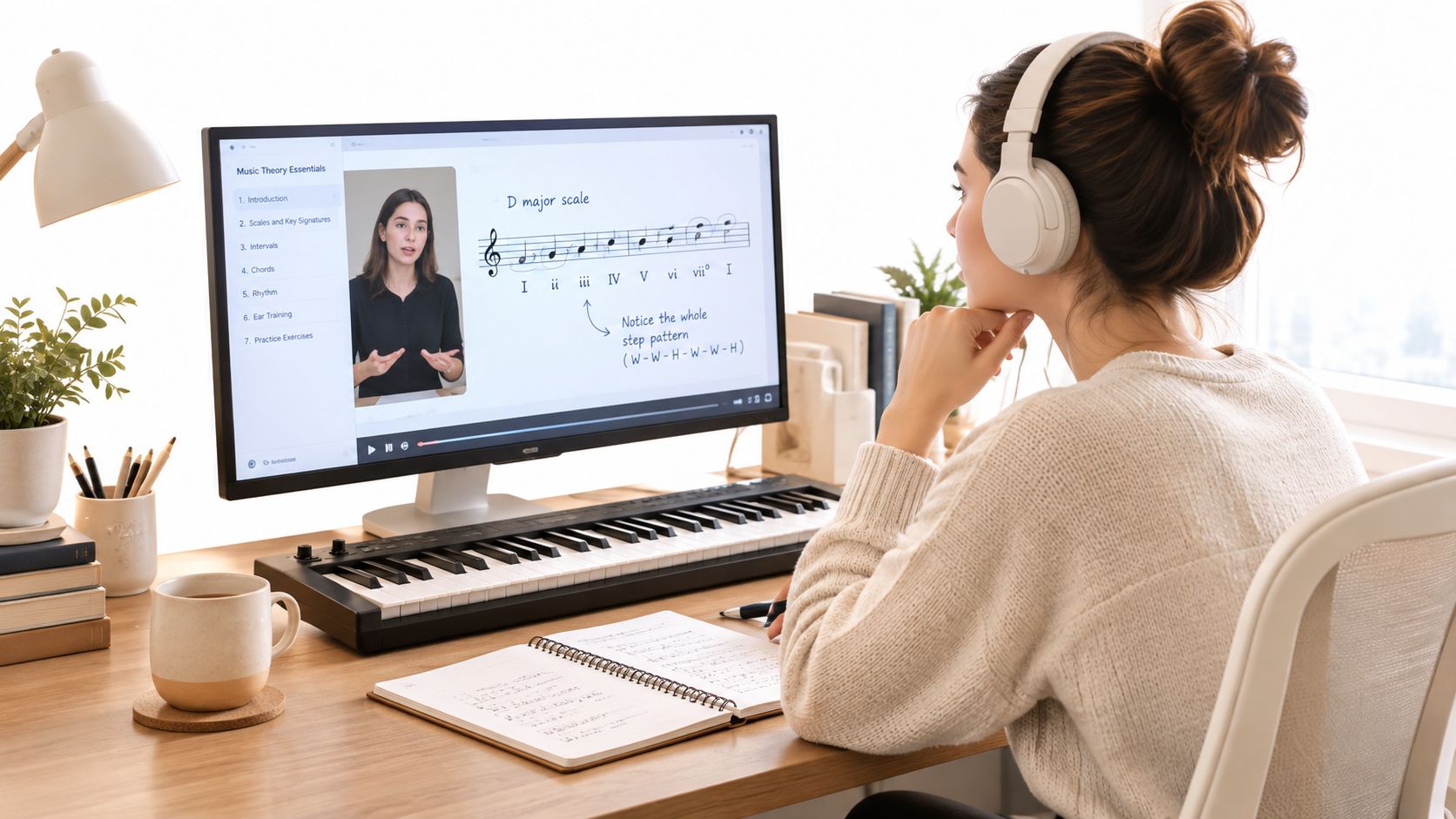 A woman wearing headphones studies music theory at her desk with a keyboard, monitor, and notebook.