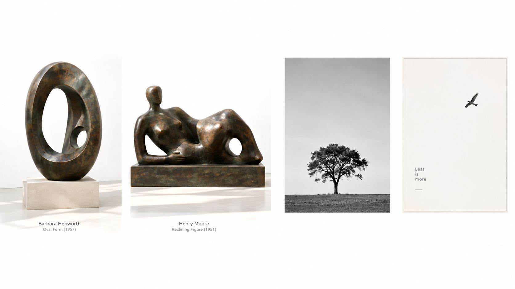 A gallery display featuring sculptures by Barbara Hepworth and Henry Moore, alongside minimalist tree and bird photography.