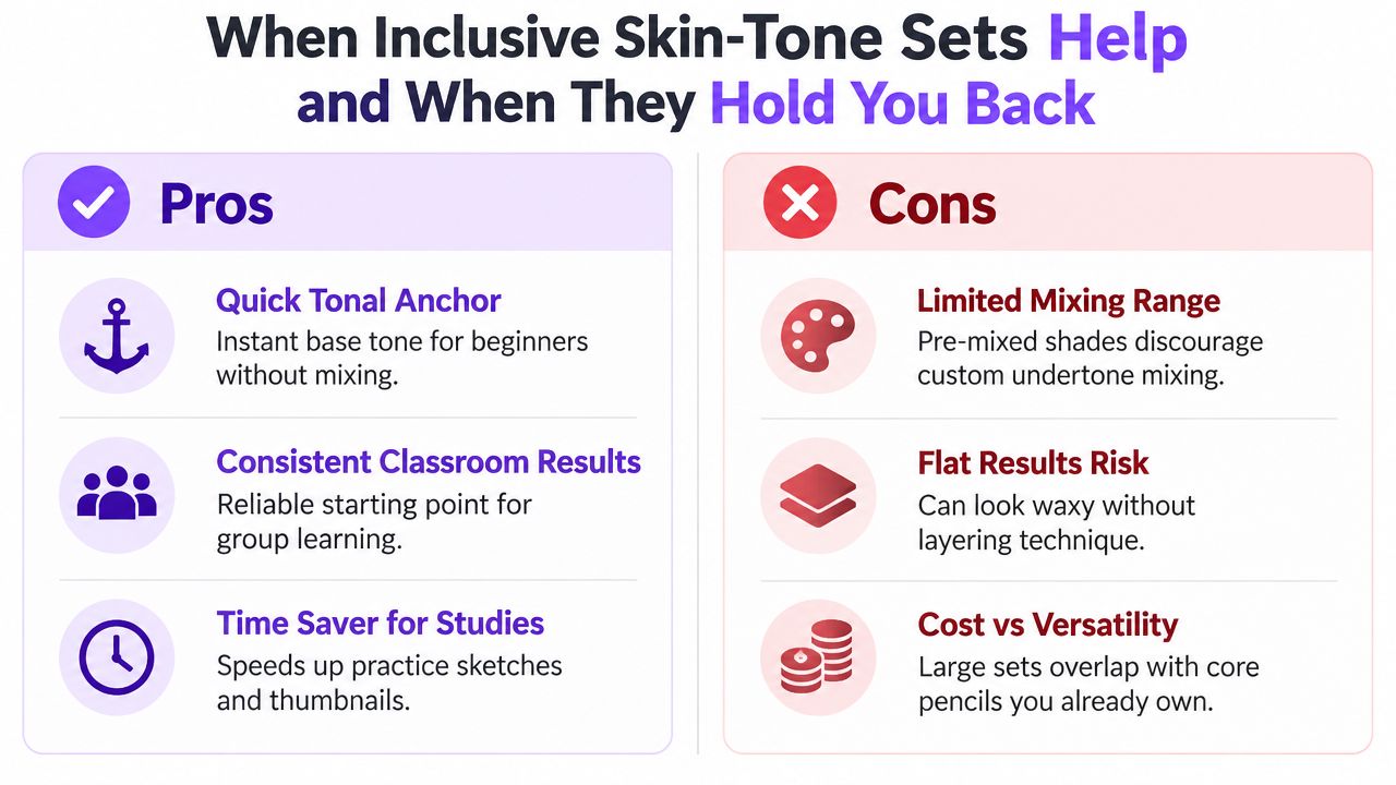 A comparison chart outlining the pros and cons of using inclusive skin-tone colored pencil sets.