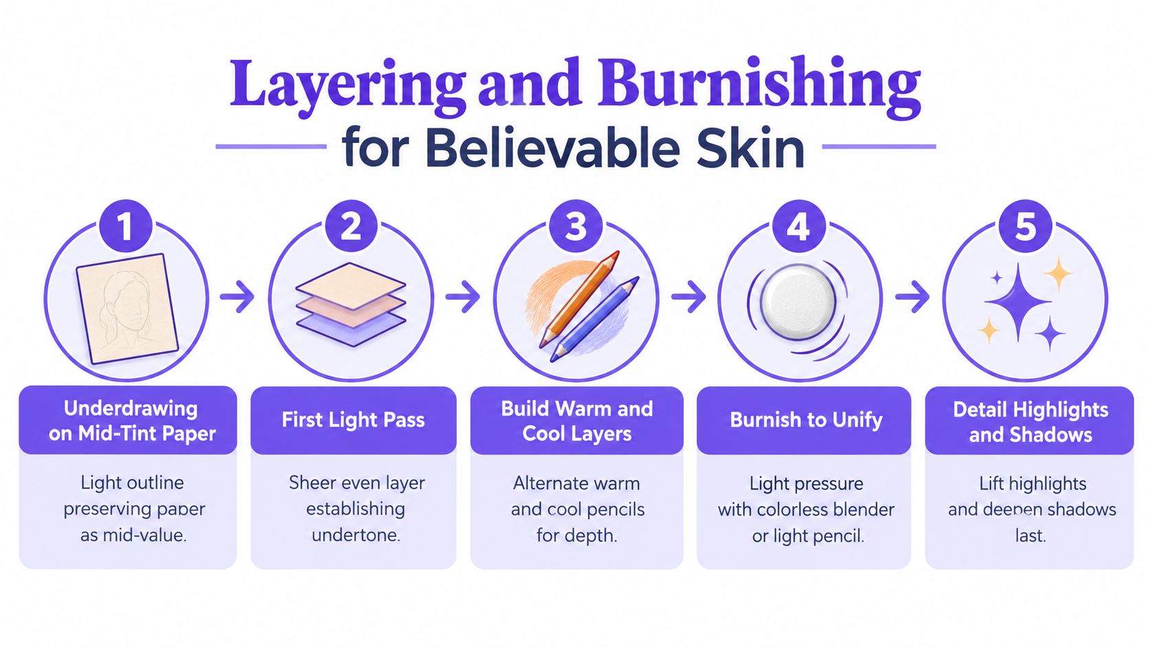 A five-step infographic guide explaining the process of layering and burnishing colored pencils for realistic skin drawing.