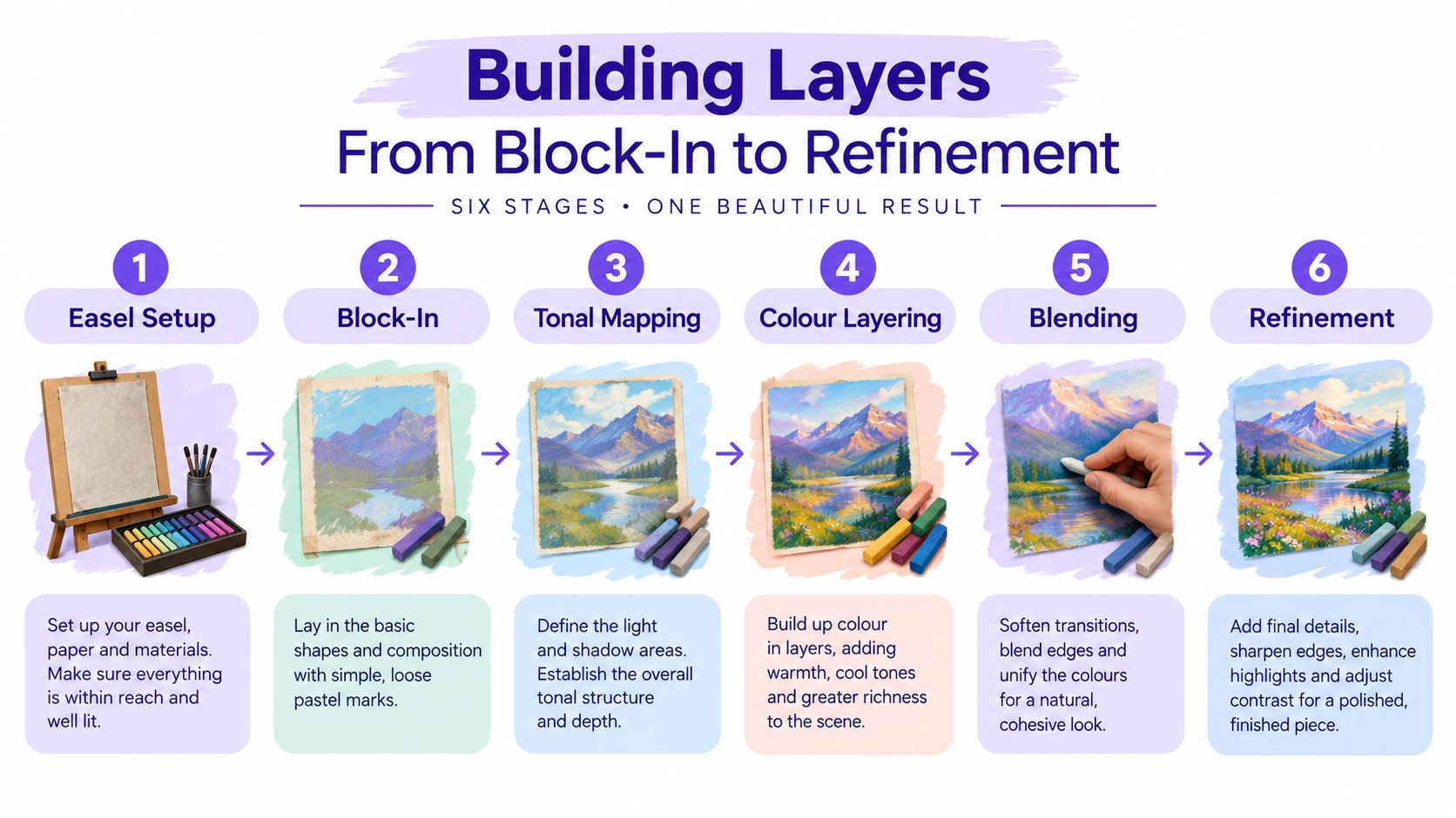 A six-stage instructional guide illustrating the process of creating a soft pastel landscape drawing on an easel.