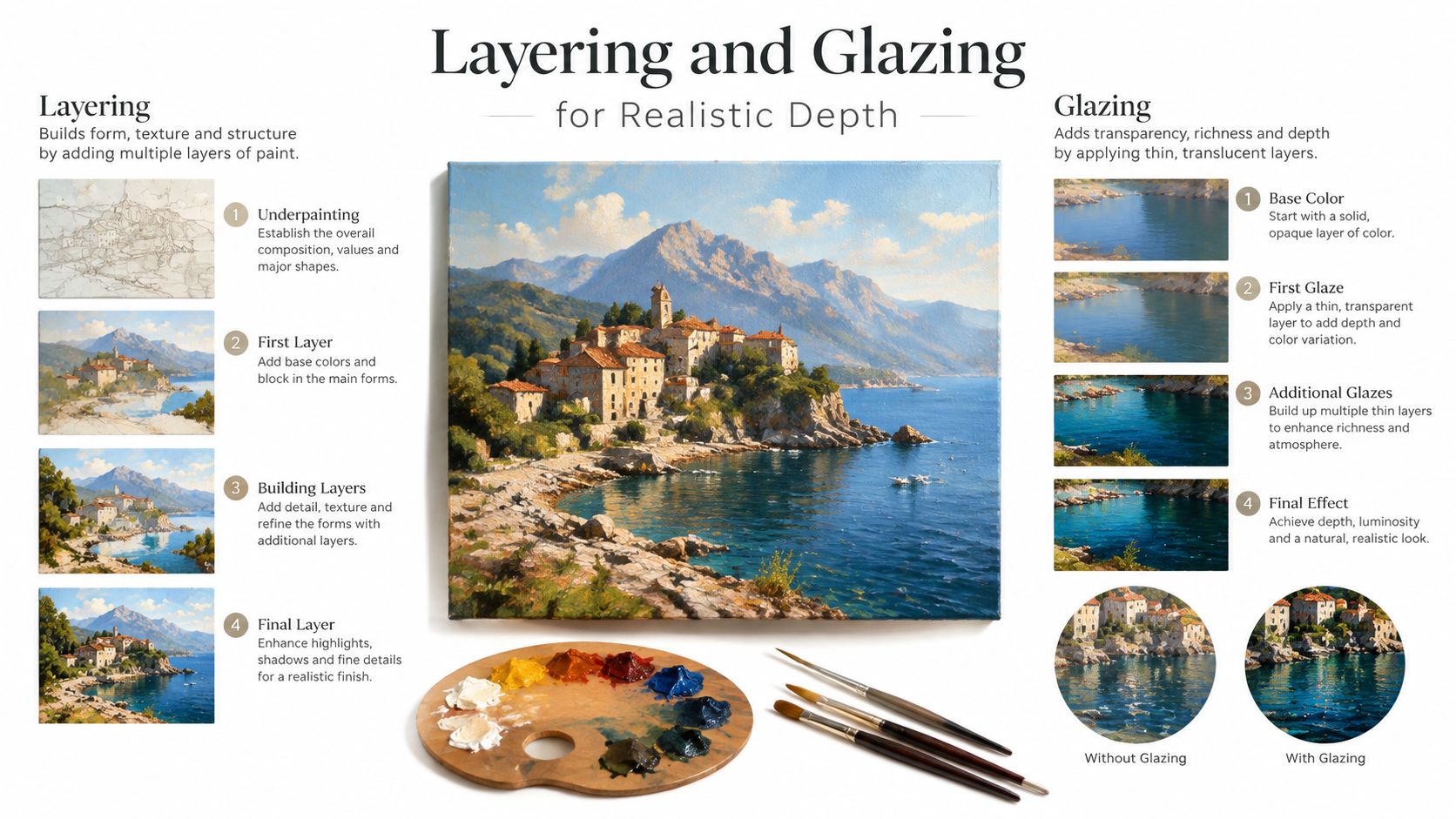 A detailed instructional guide explaining the artistic techniques of layering and glazing in oil painting.