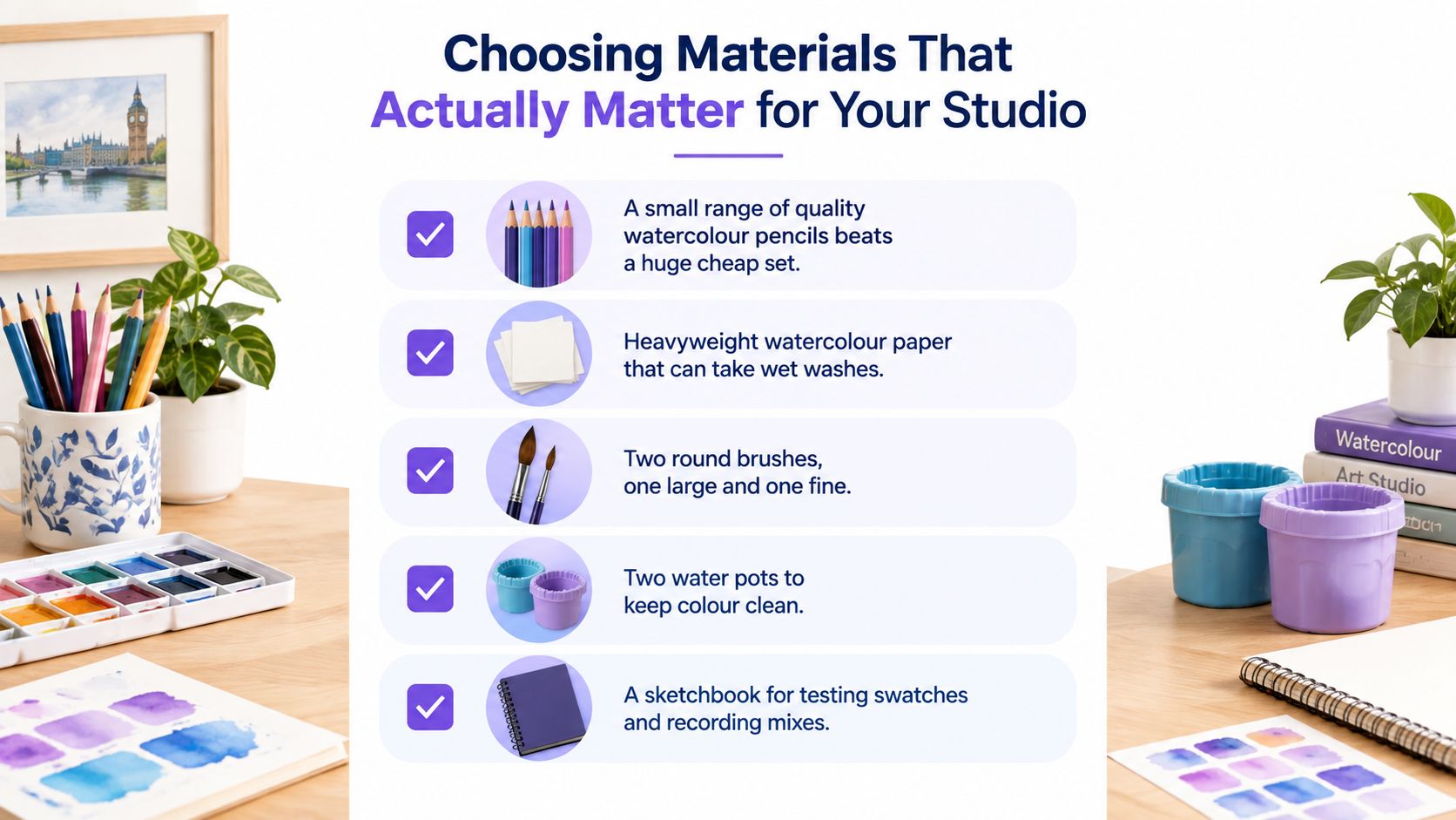 An infographic titled Choosing Materials That Actually Matter for Your Studio, listing five essential watercolor supplies.