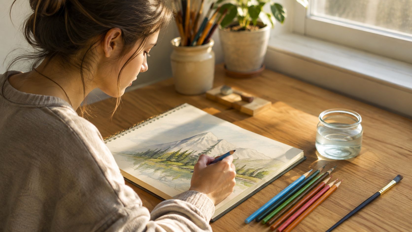 A woman sketching a mountain landscape with watercolor pencils at a sunlit wooden desk by a window.