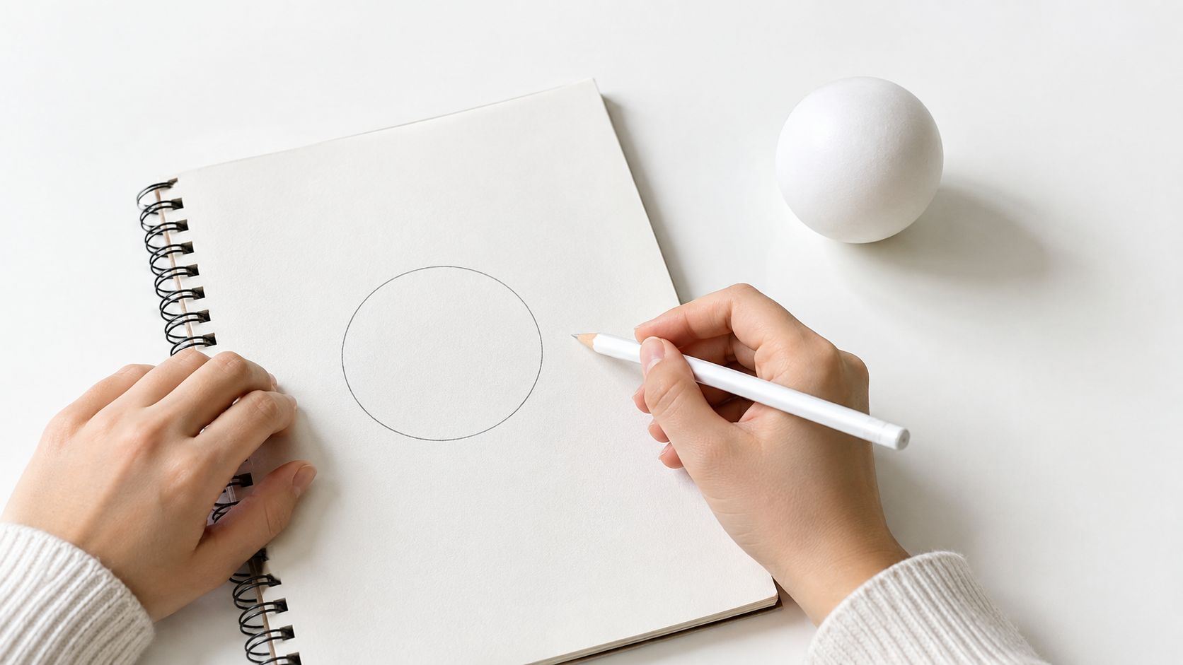 A person drawing a circle in a sketchbook next to a white spherical object on a table.