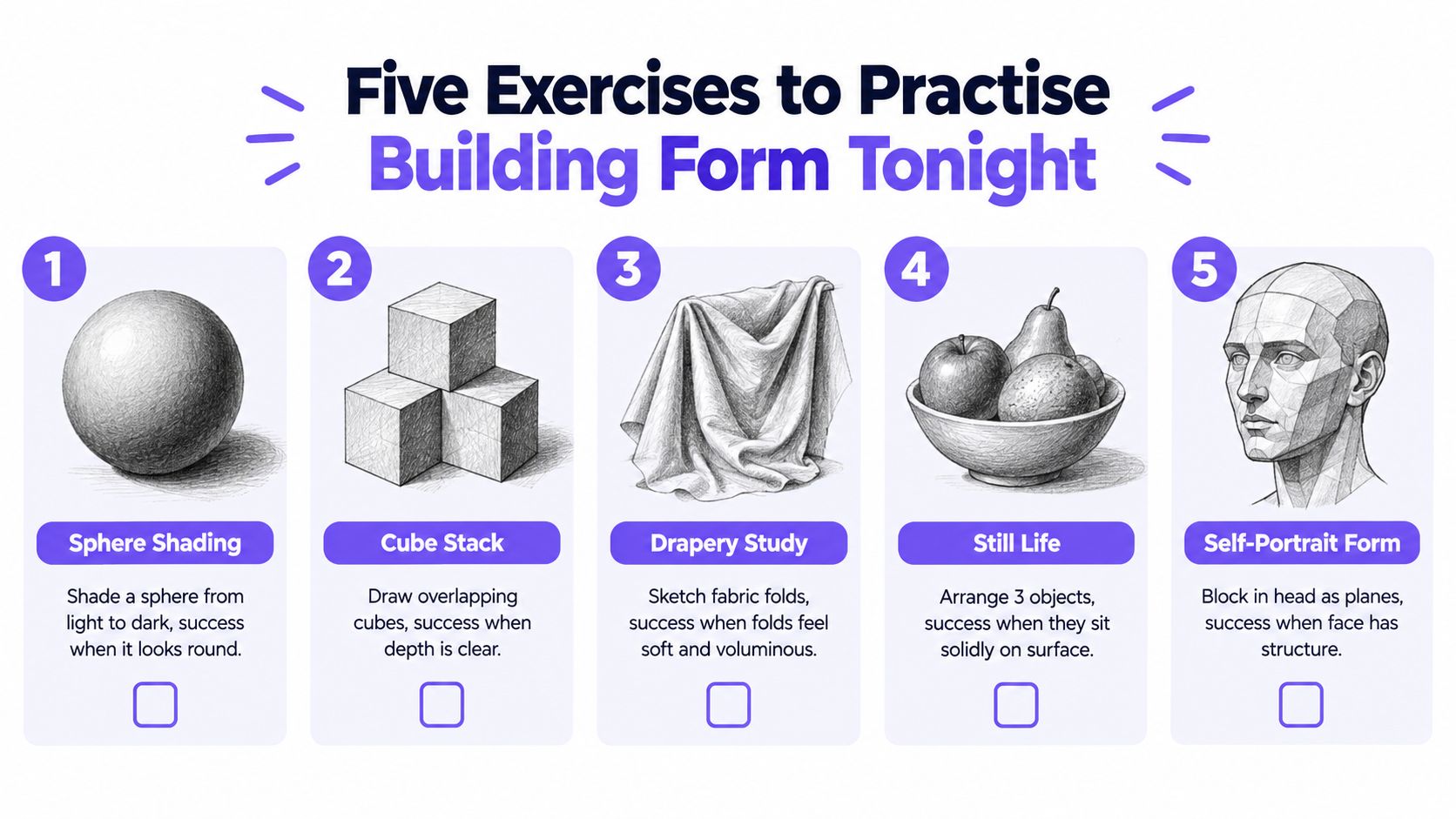 An infographic titled Five Exercises to Practise Building Form Tonight featuring five numbered illustration boxes.