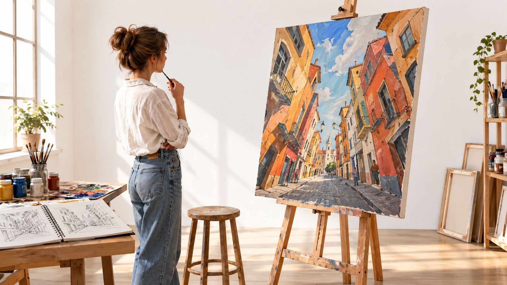 A female artist standing in a sunlit studio, observing her colorful cityscape painting on a wooden easel.