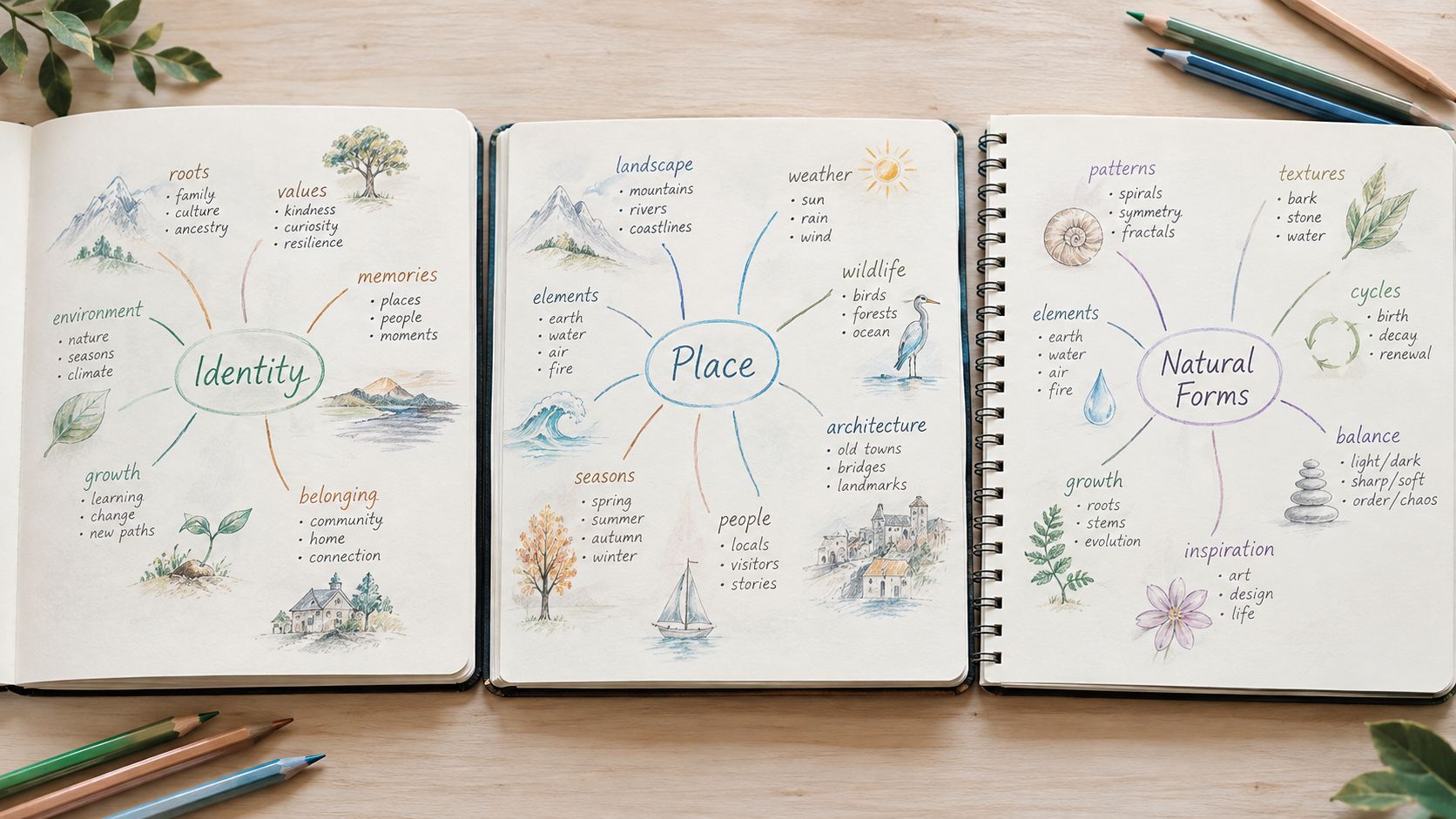 Three open notebooks displaying hand-drawn mind maps about identity, place, and natural forms with colorful illustrations.