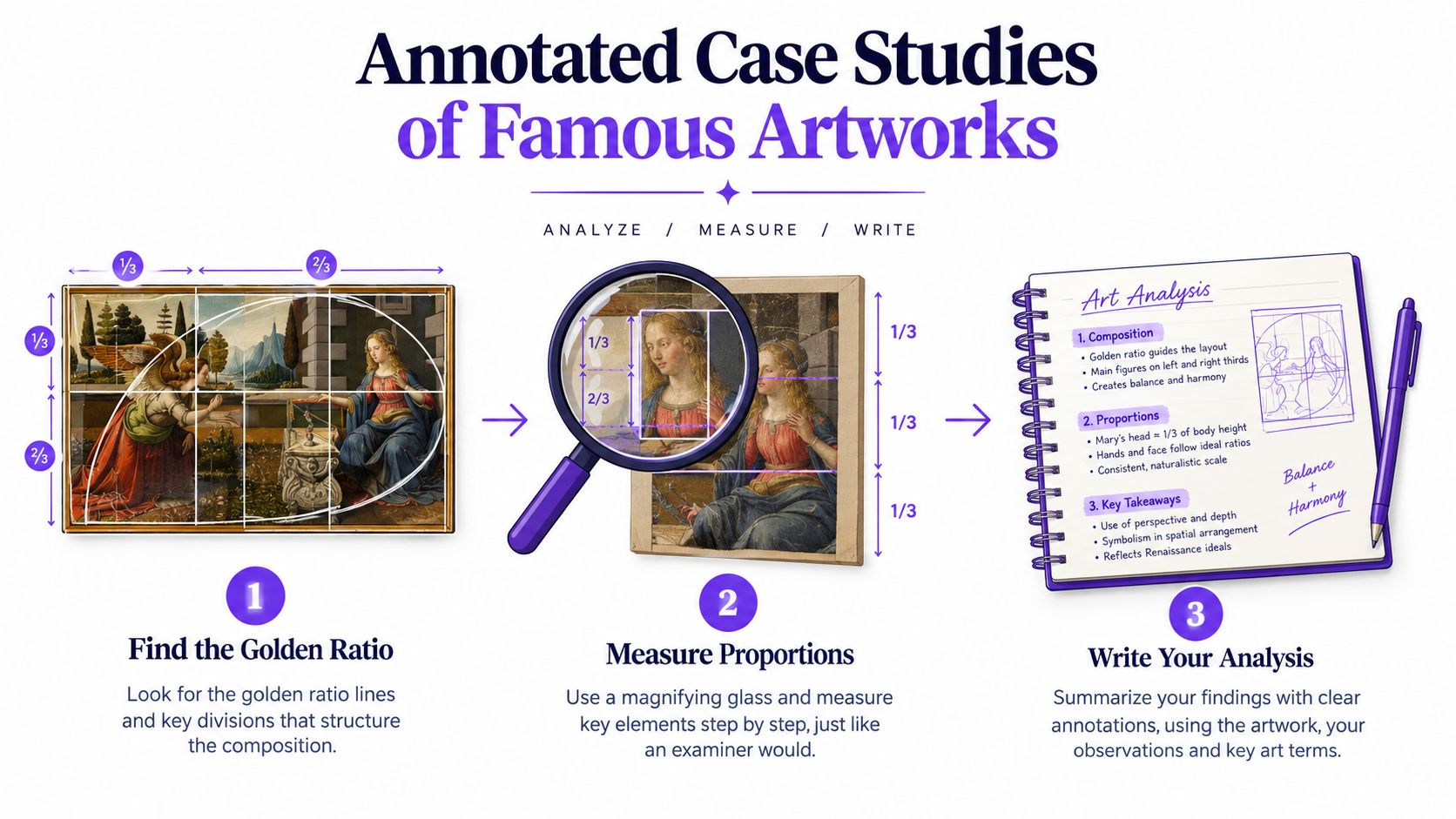 An infographic titled Annotated Case Studies of Famous Artworks showing how to analyze art using the golden ratio.