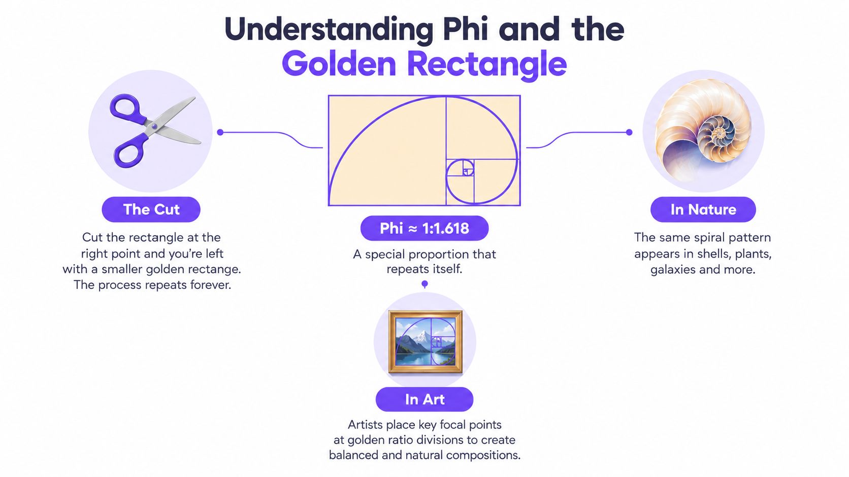 An infographic titled Understanding Phi and the Golden Rectangle showing its mathematical, natural, and artistic applications.