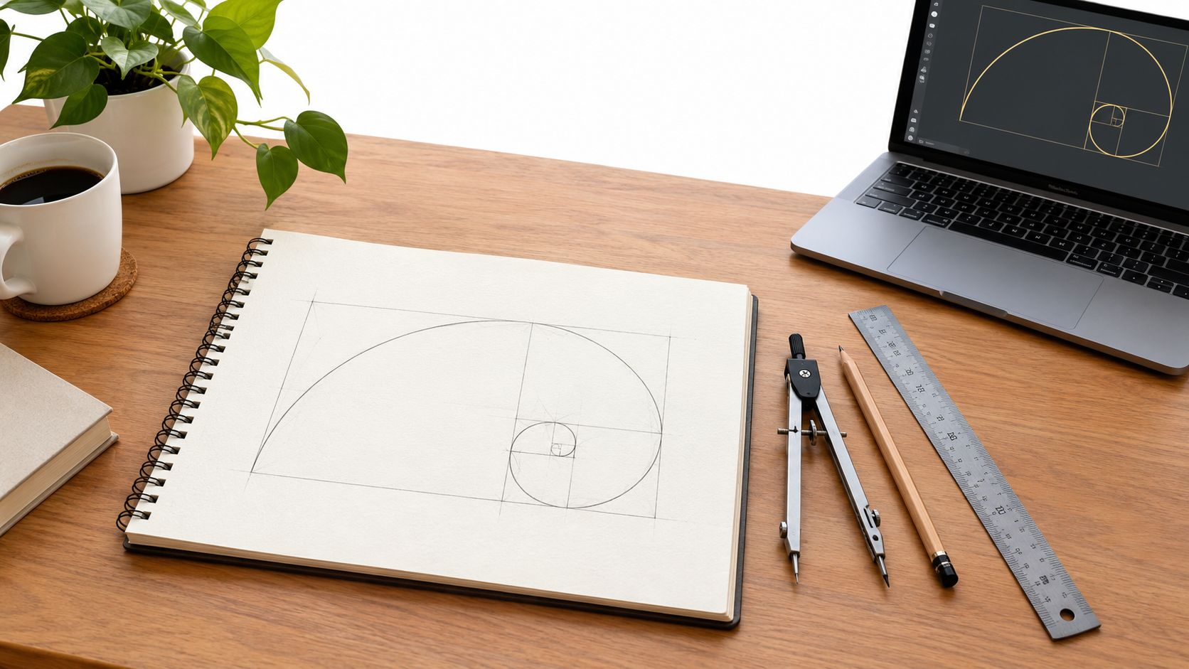 A wooden desk holding a sketchbook with a drawn golden ratio spiral, laptop, compass, ruler, and plant.
