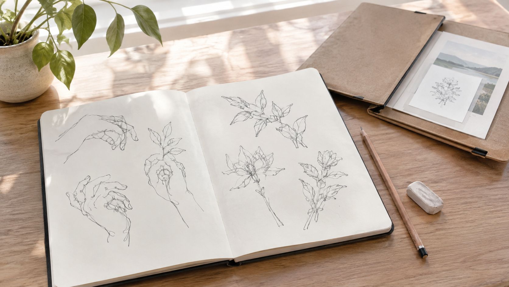 An open sketchbook featuring detailed blind contour drawings of human hands and floral botanical sketches on wood.