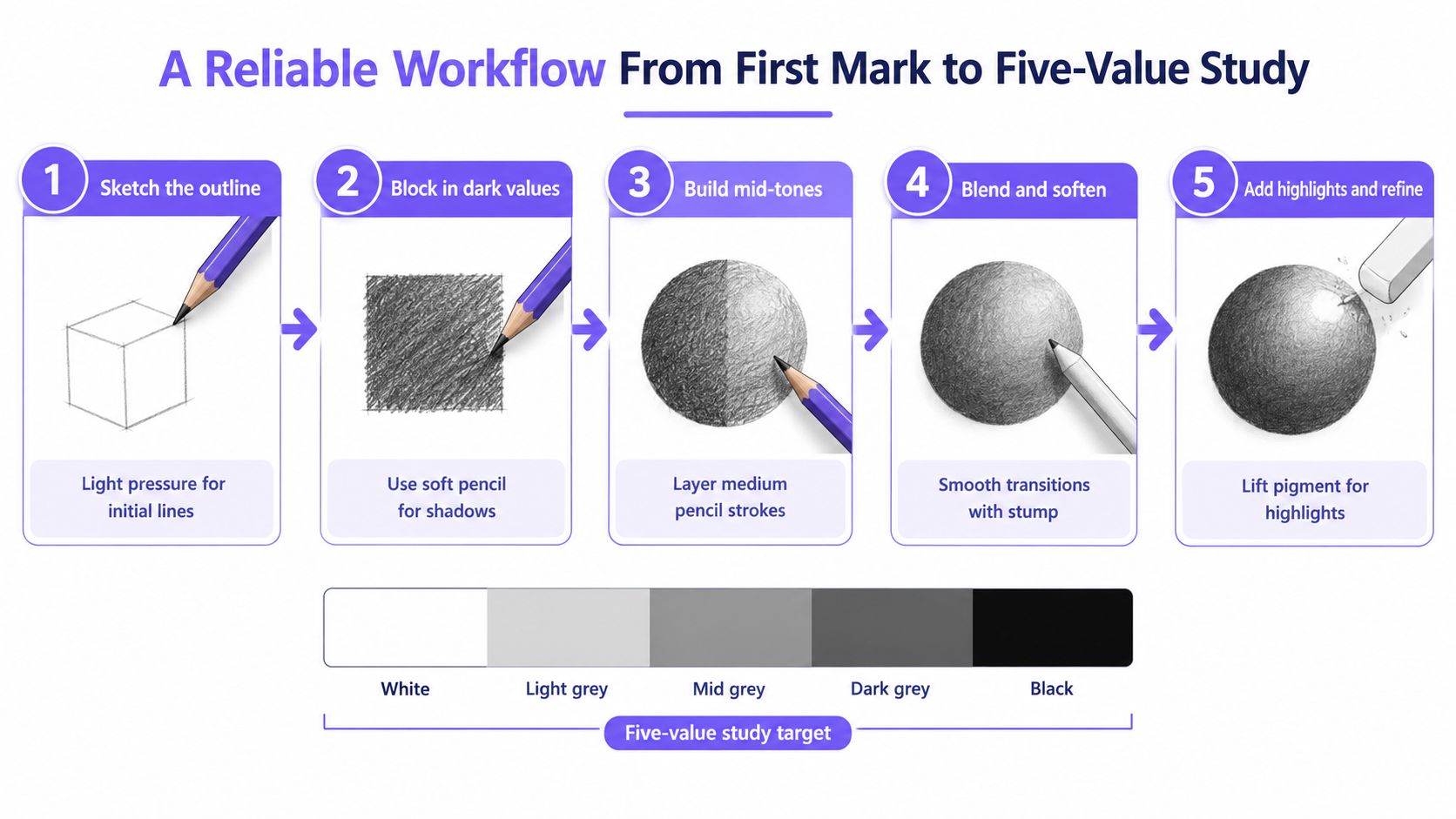 A step-by-step instructional graphic illustrating a five-stage drawing workflow for creating realistic sphere shading using pencils.