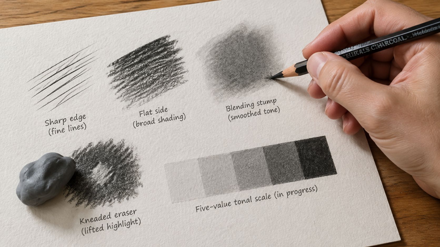 A hand holds a charcoal pencil demonstrating shading techniques including lines, textures, and a value scale on paper.