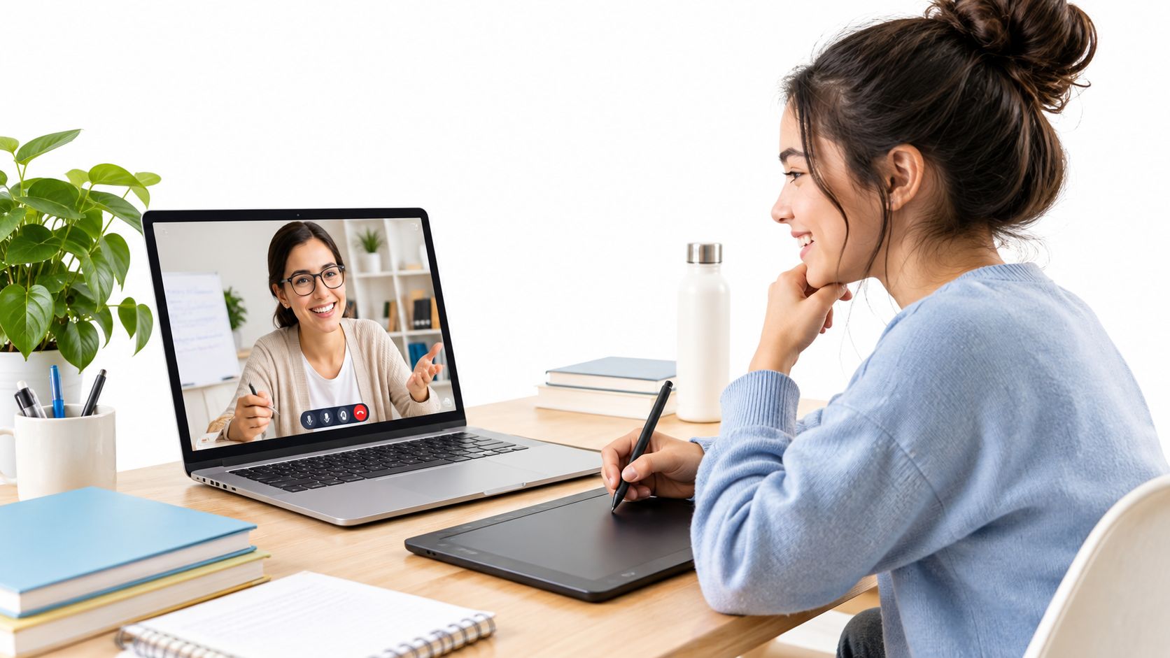 A student using a graphics tablet to participate in an online design class via video call.