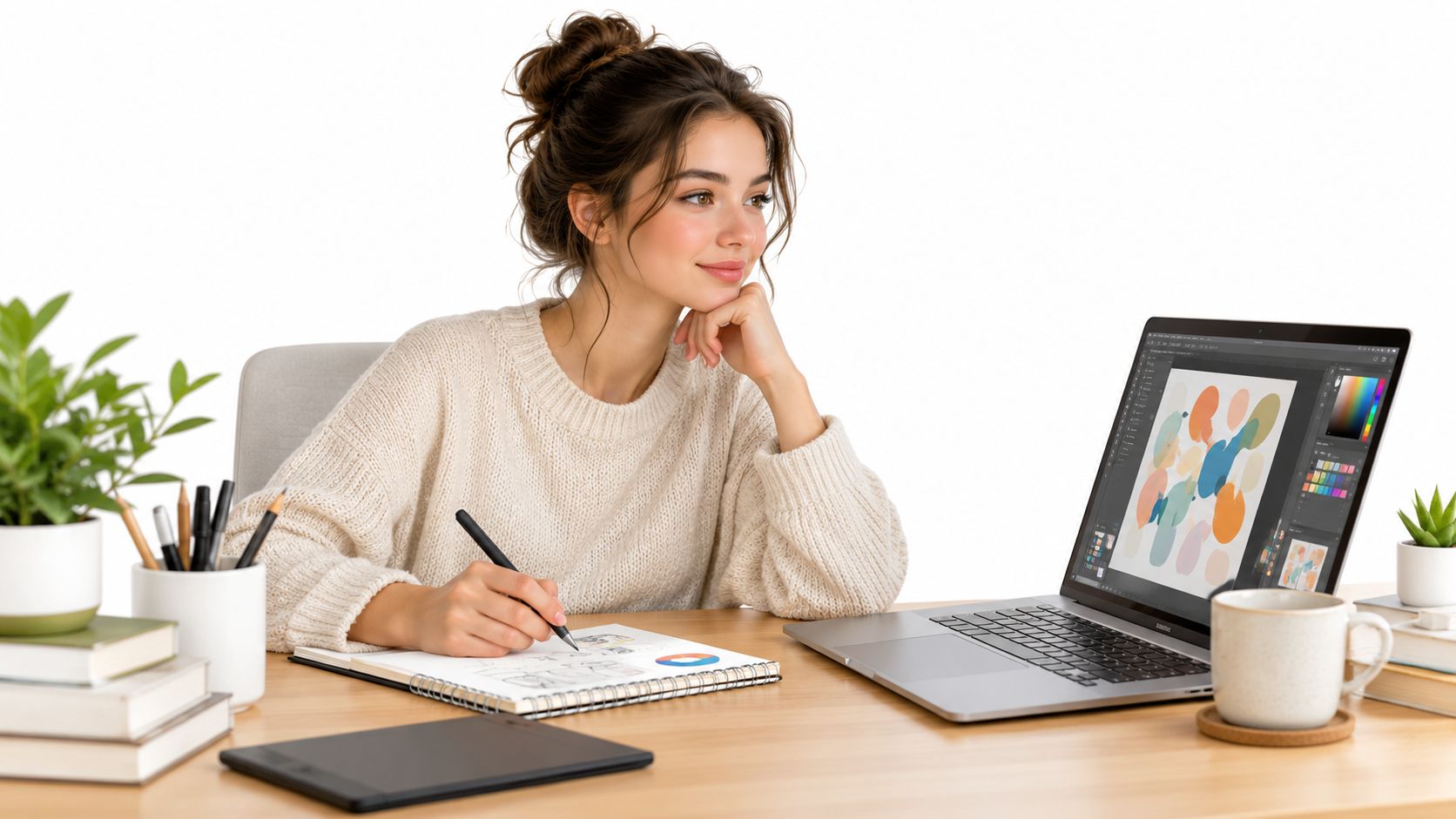 A young female graphic designer smiling while working on a sketch and laptop in a bright studio.
