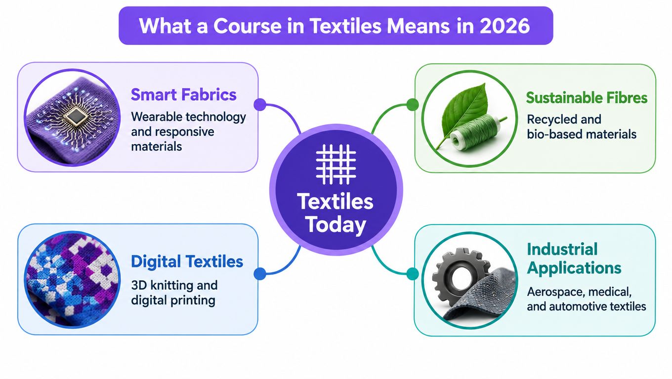 A diagram illustrating the future of a textiles course in 2026, featuring smart, sustainable, digital, and industrial textile trends.