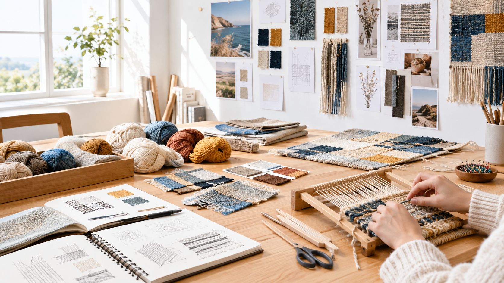 A person weaving on a wooden loom in a creative studio filled with yarn and design sketches.