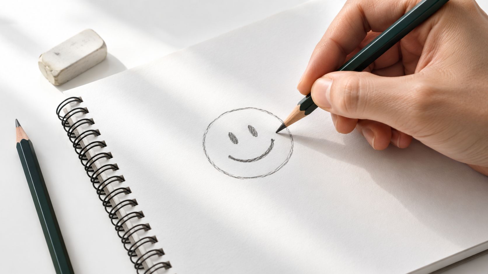 A hand holds a pencil, drawing a simple smiley face sketch on a white spiral notebook.